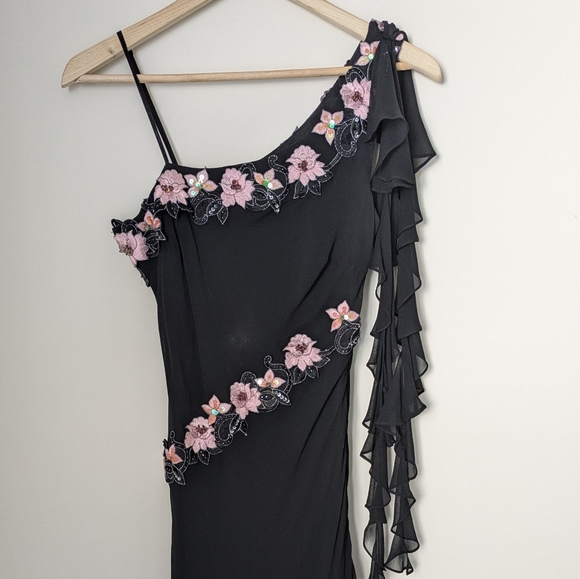 Vintage Cache Black Pink Silk Asymmetrical Floral Beaded Slip Dress - Picture 2 of 12
